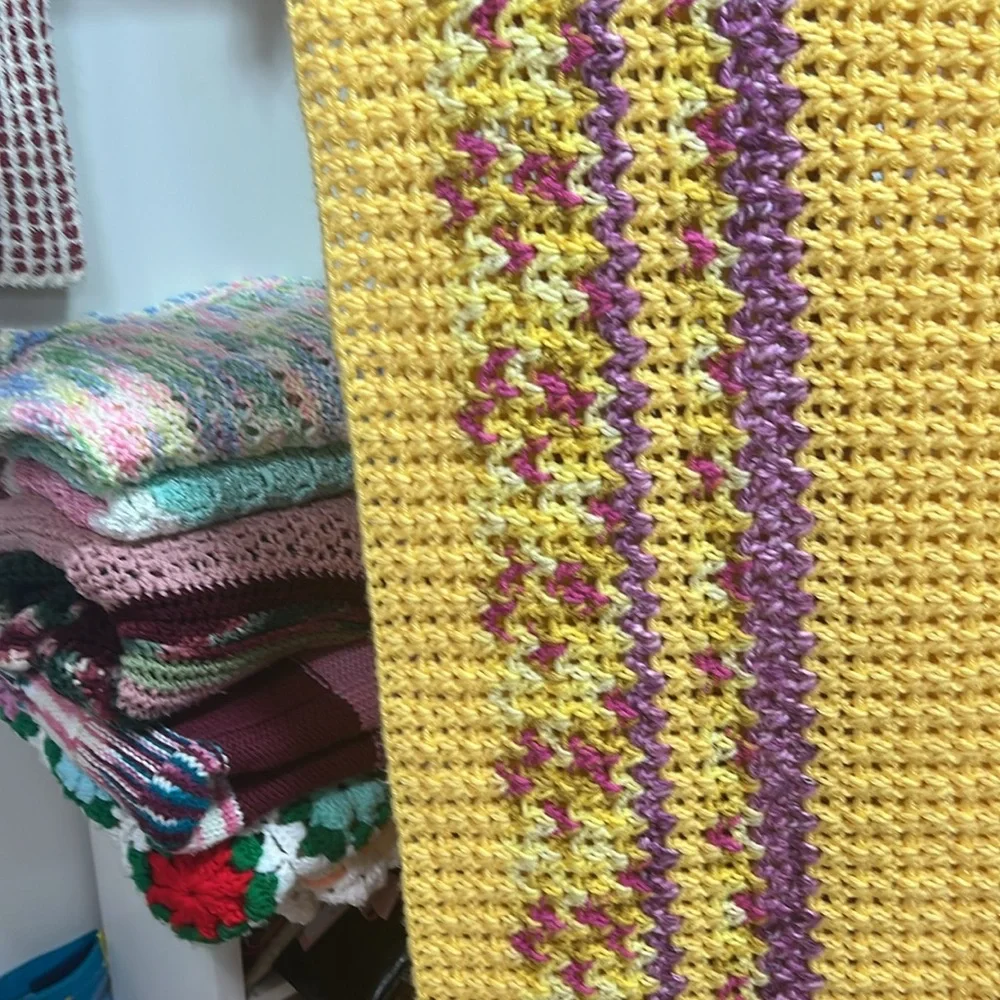 82” x 45” Hand Knit Throw Blanket Soft Yellow Purple